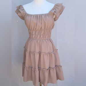 Liberty Love Smocked Cottagecore Mini Dress Ruffle Tiered Babydoll Beige M